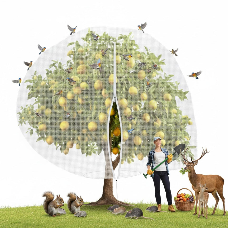 Vincreem 10x14 ft netting covers an entire fruit plant for full protection.