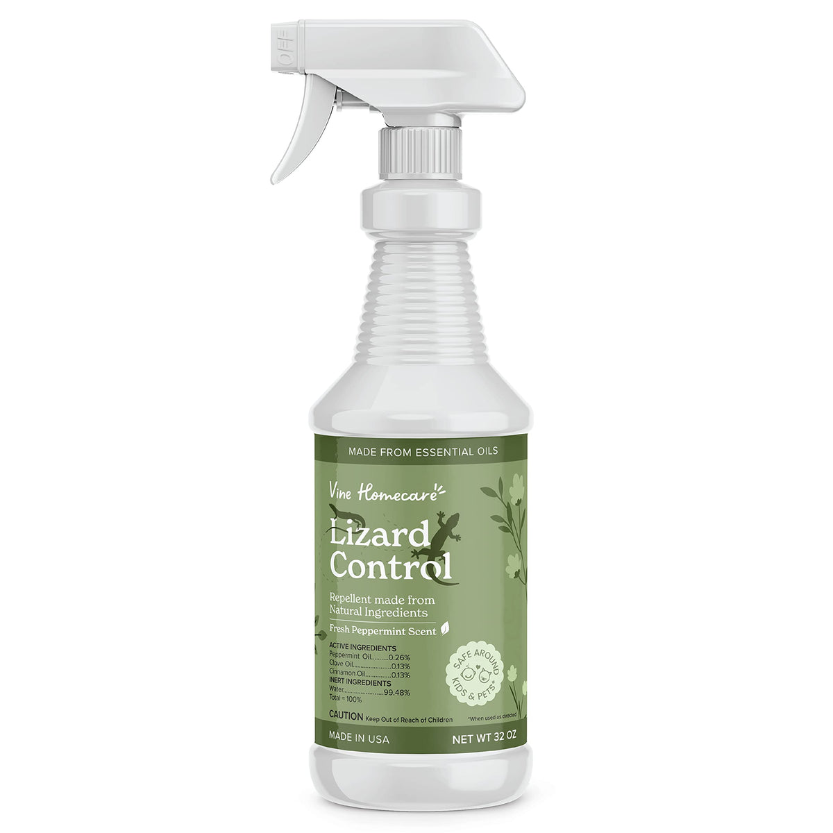 Vine Homecare lizard spray bottle for indoor and outdoor use with peppermint scent.