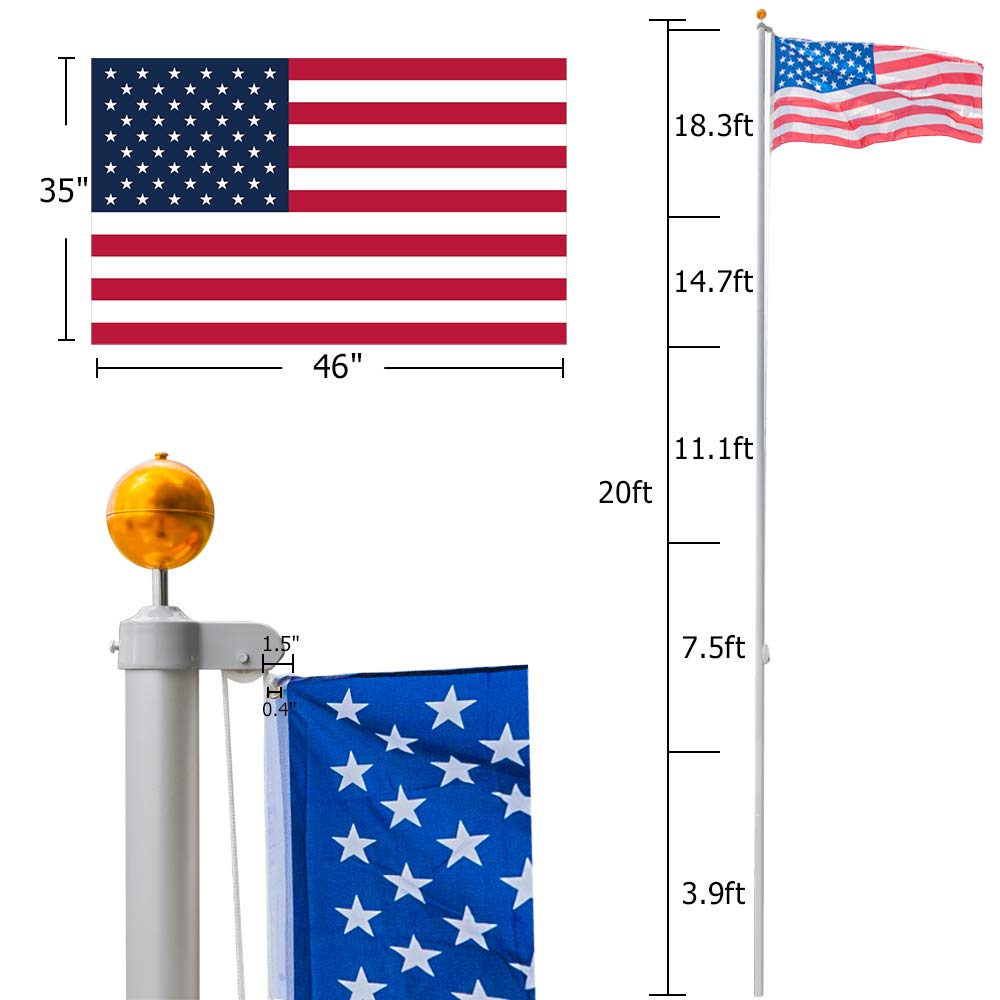 VINGLI flag pole kit with 3x5 flag including easy flag raising feature