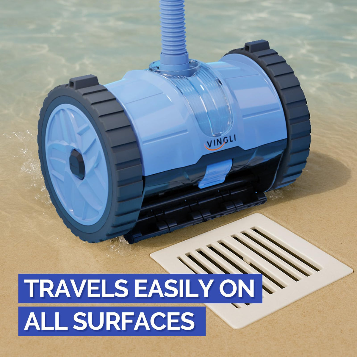 VINGLI scratch-resistant hoses protect pool finishes during deep cleaning.