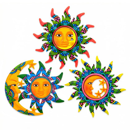VinSees three-piece metal sun wall art set brightens outdoor walls with bold color.