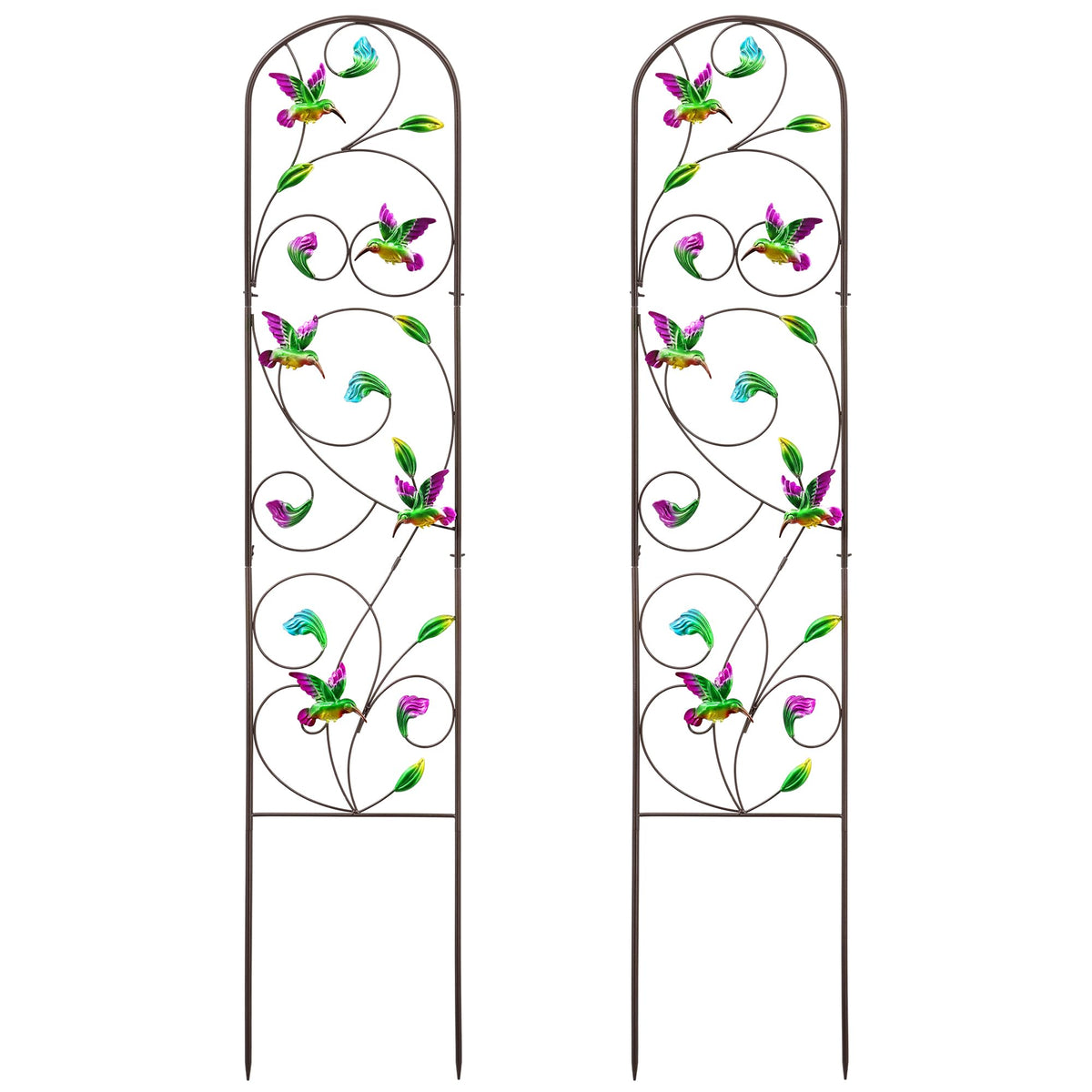 VinSees hummingbird trellis pair with perched birds for vibrant vertical gardening.