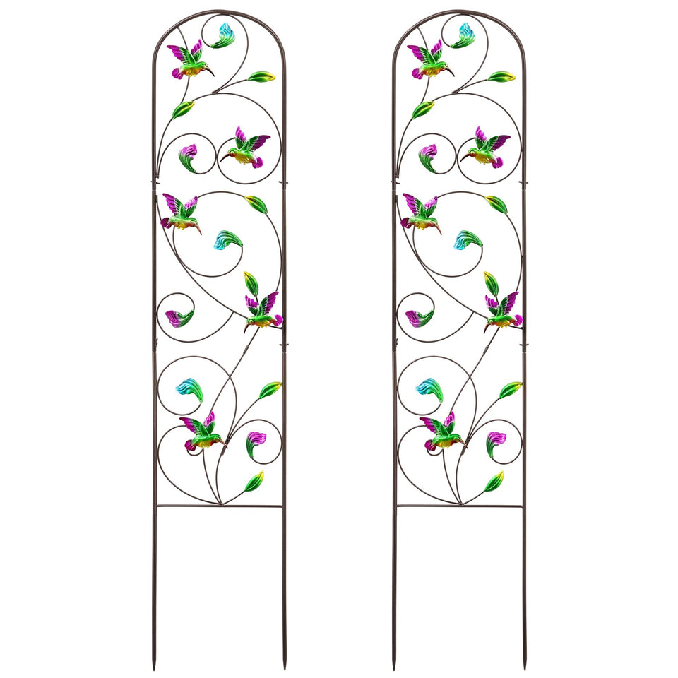 VinSees hummingbird trellis pair with perched birds for vibrant vertical gardening.