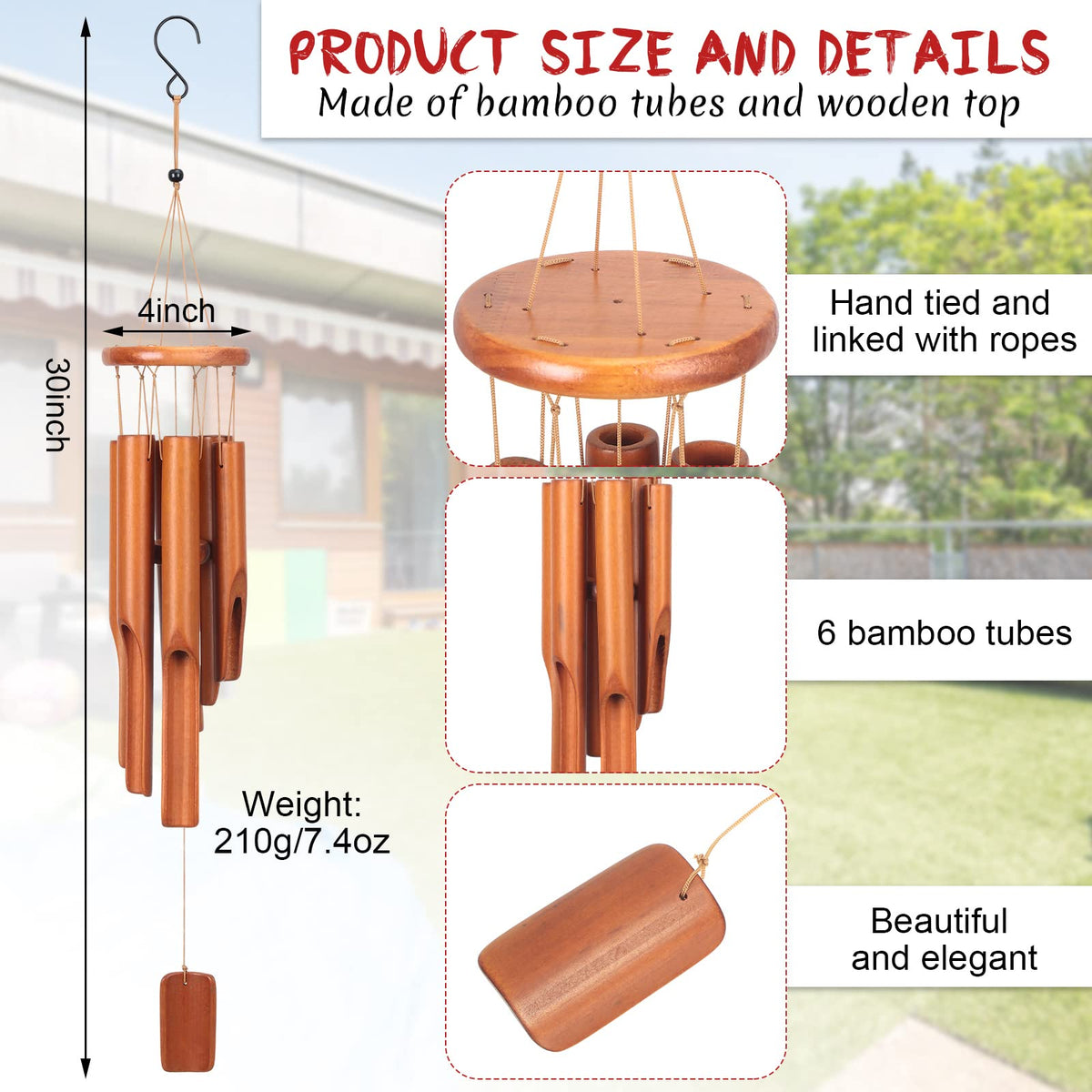 Vinsot classic zen wind chimes with wooden top for rustic patio ambiance