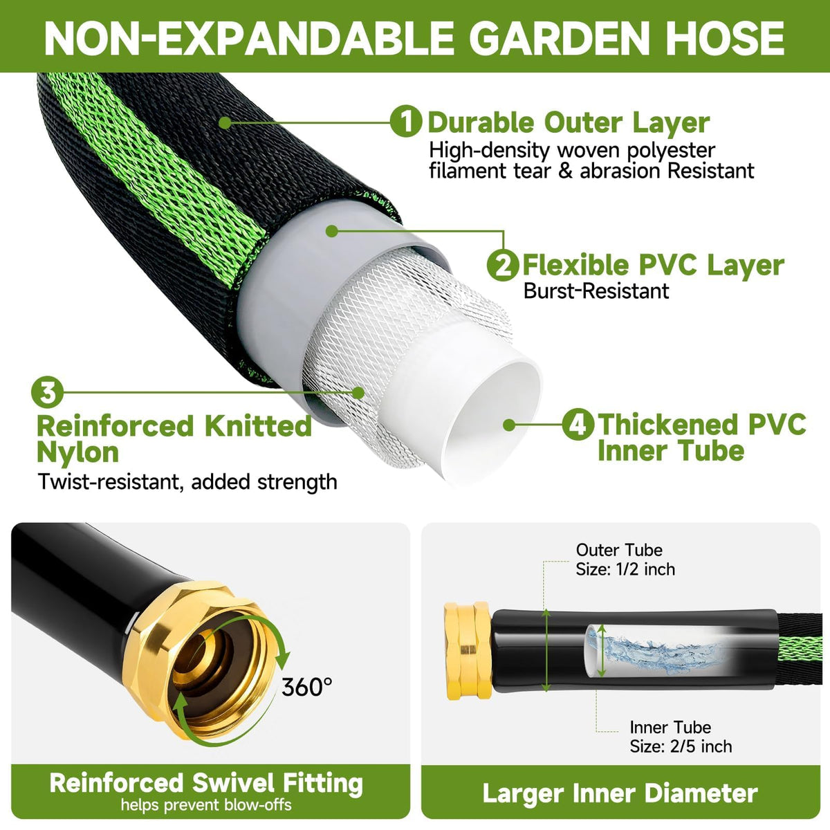 VIONMI garden hose 75ft kink-free flow highlights smooth water delivery around obstacles.