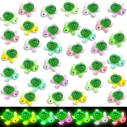 VioraWhite glow-in-dark mini resin turtle set lights up shelves and plant pots at night.