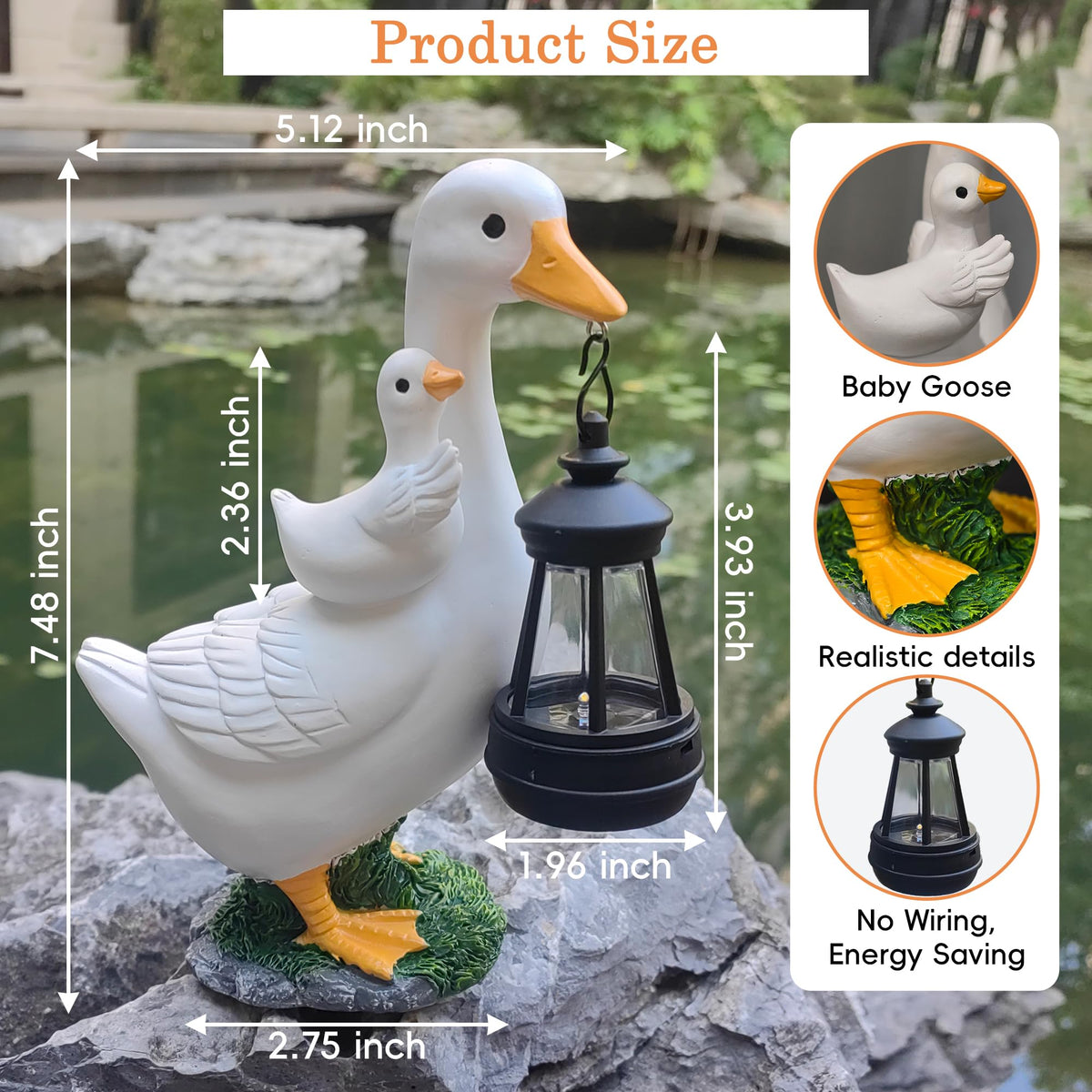 ViQuHaT goose statue lantern-lit dusk, solar lantern casts a warm glow