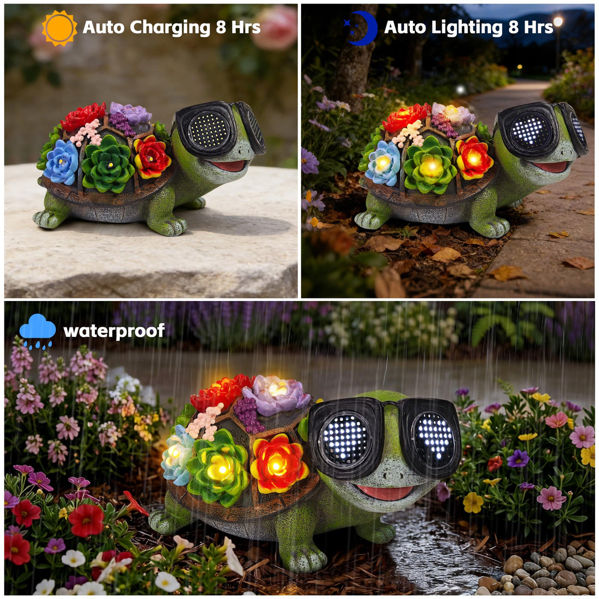 ViQuHaT outdoor turtle illuminated in yard with sun-powered glow