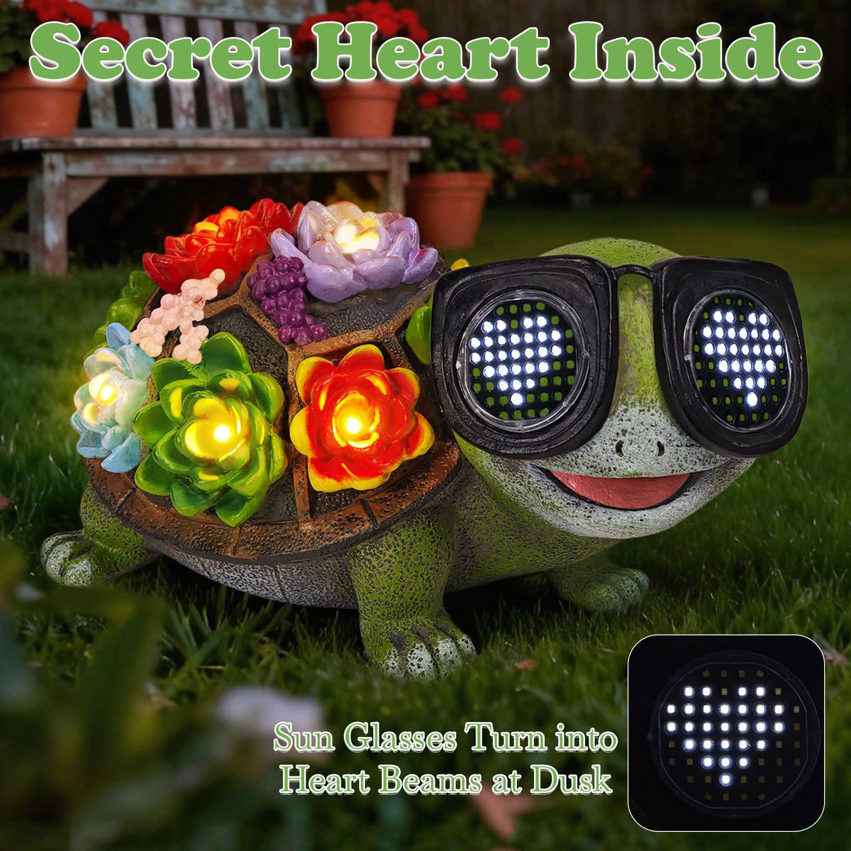 ViQuHaT turtle light with heart sunglasses shines softly on patio