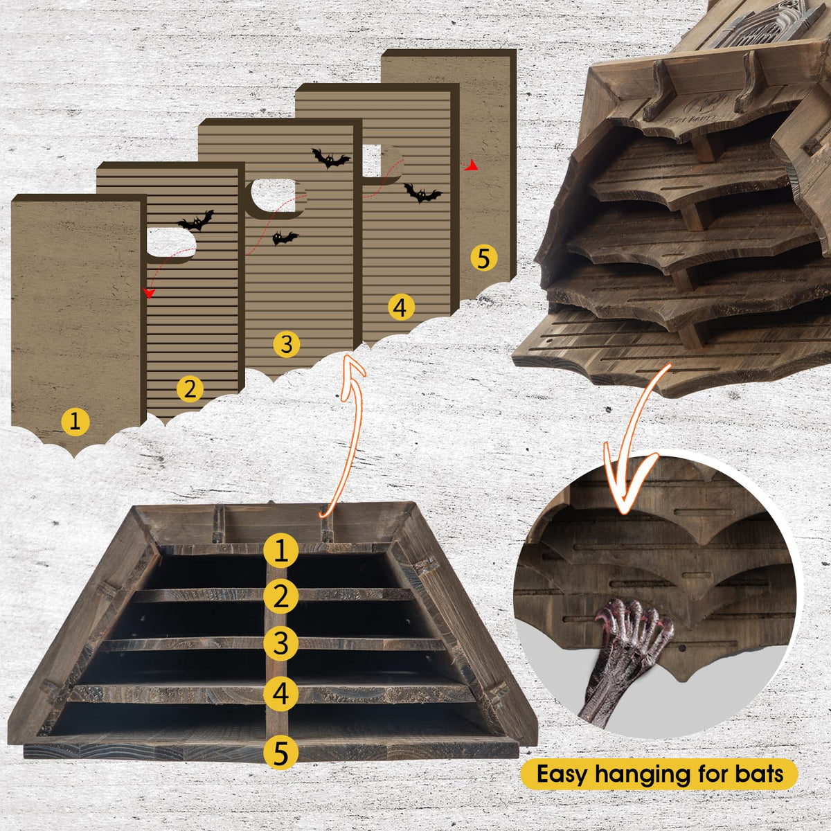 VIREESR bat house XL mounting side view demonstrates easy outdoor installation with screws.