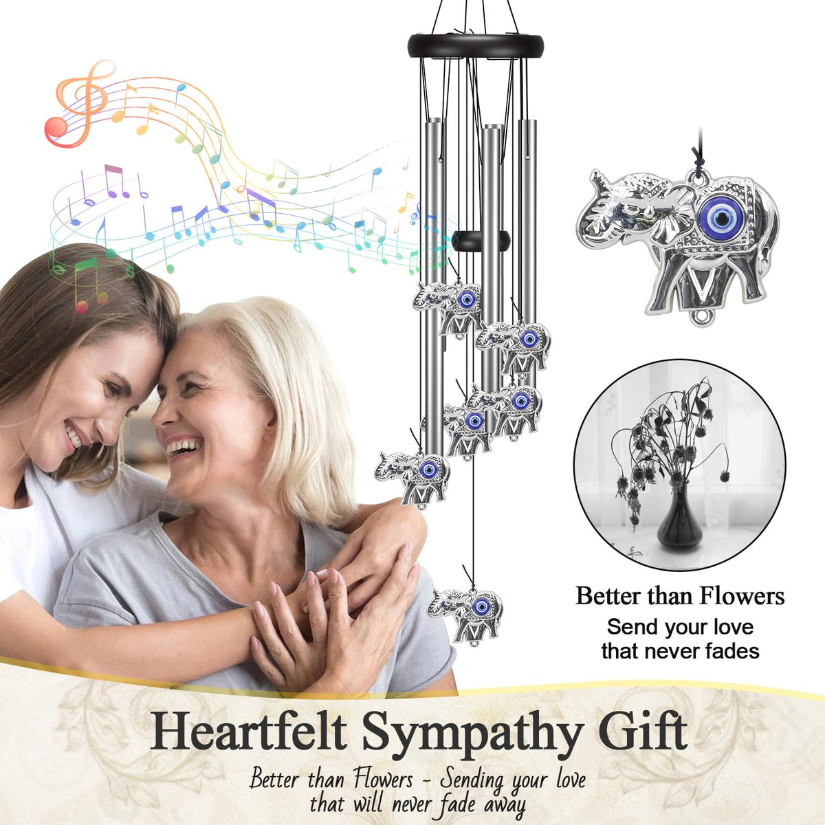 Virekm elephant wind chime evil eye detail adds charm and positive vibes.