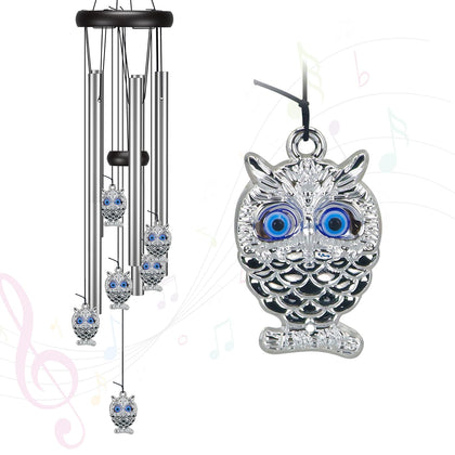 Virekm Mom wind chime with blue evil eye owl creates outdoor serenity.
