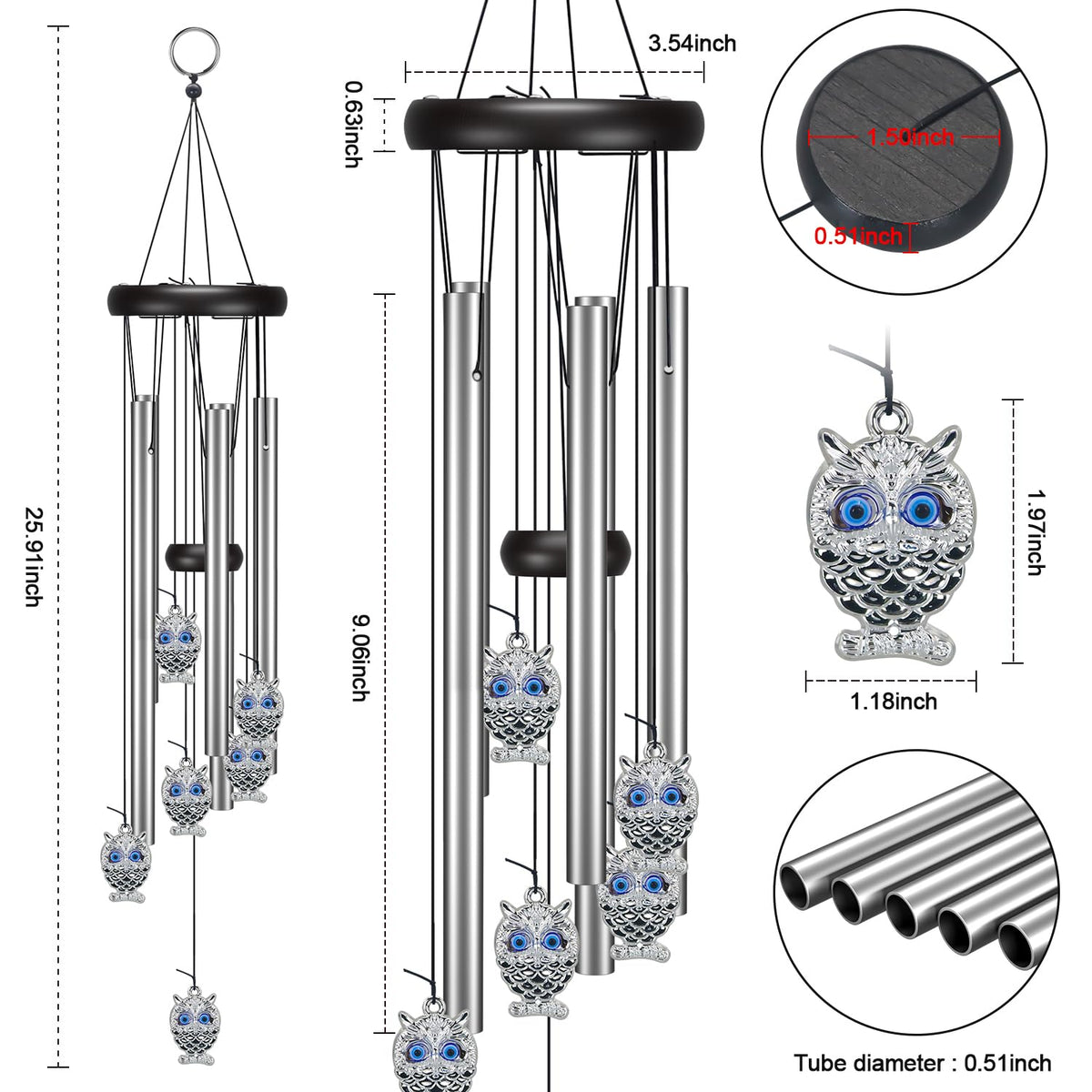 Virekm blue evil eye owl wind chime suits garden decor.