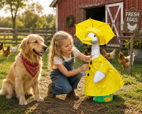 VireoSpire garden decor display with the yellow goose outfit for porch appeal.