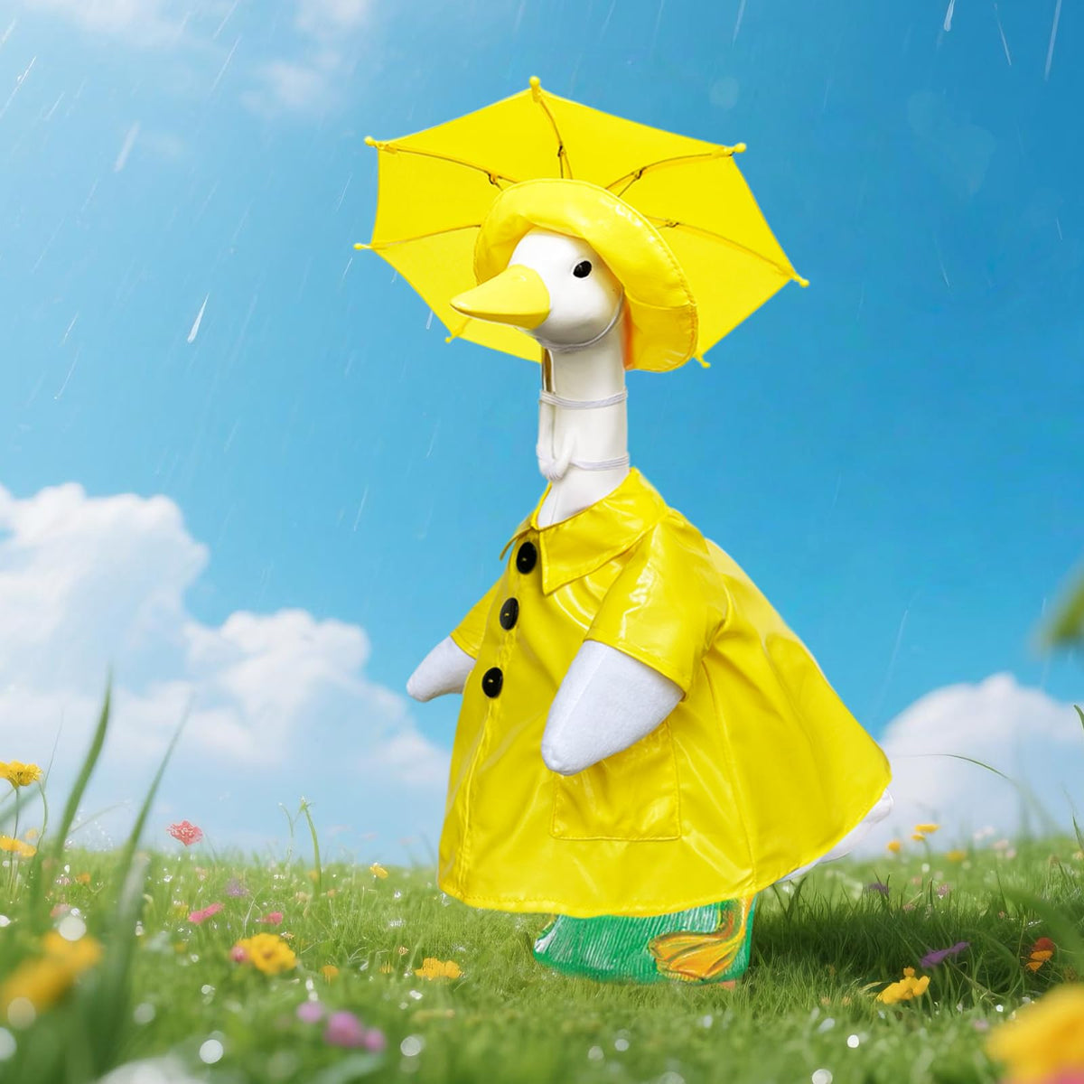VireoSpire raincoat close-up on goose showing durable polyurethane fabric.