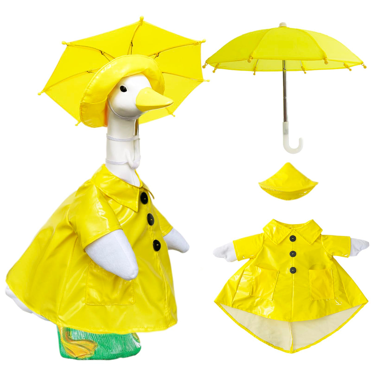 VireoSpire rainhat detail on yellow goose outfit for clear visual.