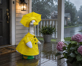 VireoSpire umbrella-windproof feature on goose costume for all-weather use.