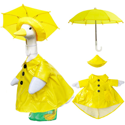 VireoSpire porch goose outfit with yellow raincoat and umbrella for outdoor garden charm.