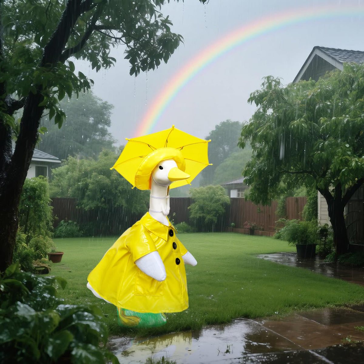 VireoSpire yellow rainhat on goose costume adds playful porch decor.