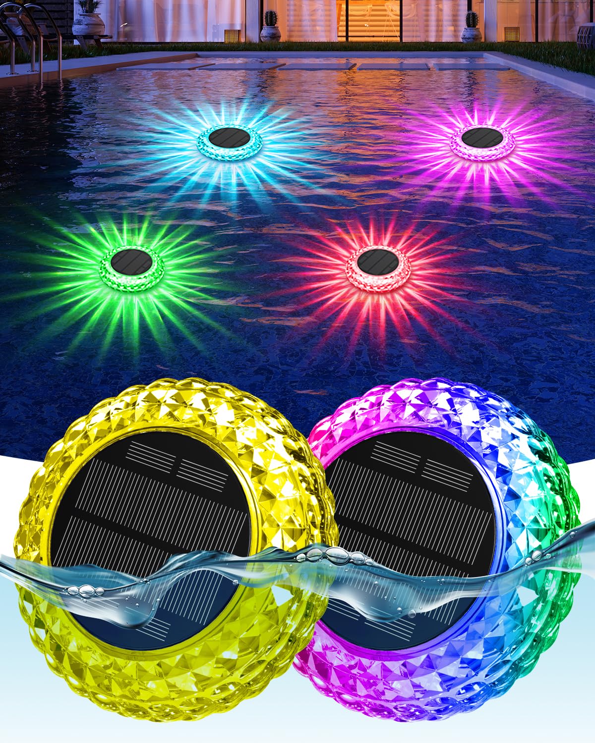 VIRIDI RGB color changing solar floating pool light enhances evening pool ambiance.