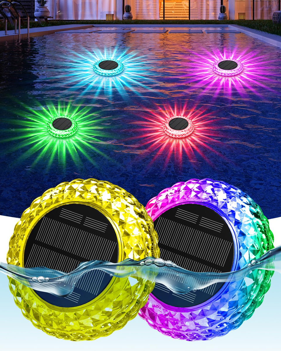 VIRIDI RGB color changing solar floating pool light enhances evening pool ambiance.