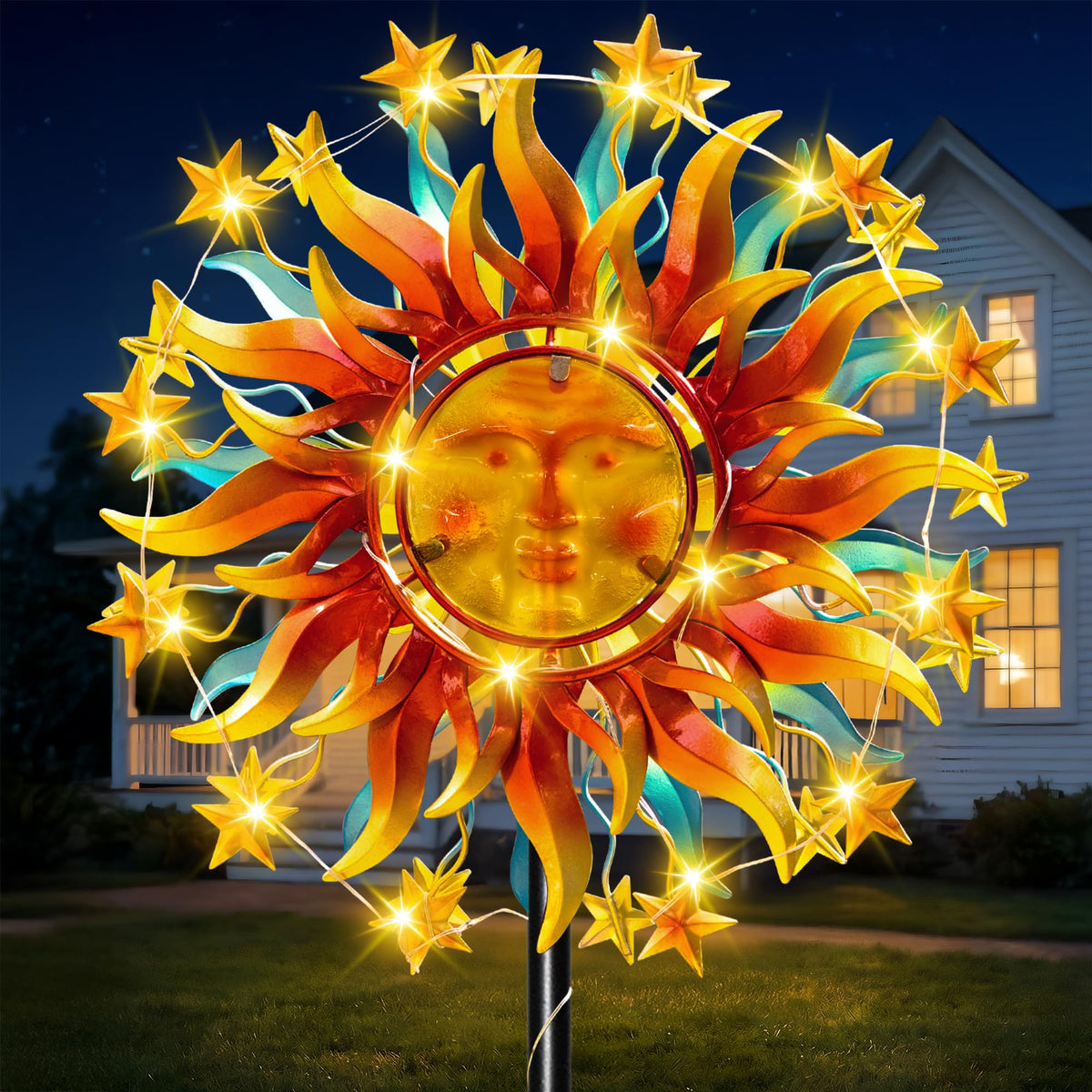 VISFLAIR solar wind spinner front view with dual blades and glowing vine lights for ambient outdoors