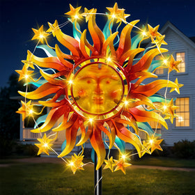 VISFLAIR solar wind spinner front view with dual blades and glowing vine lights for ambient outdoors