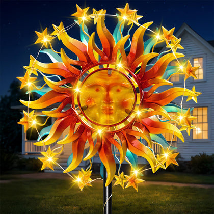 VISFLAIR solar wind spinner front view with dual blades and glowing vine lights for ambient outdoors