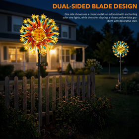 VISFLAIR garden at dusk with wind spinner providing warm ambient glow