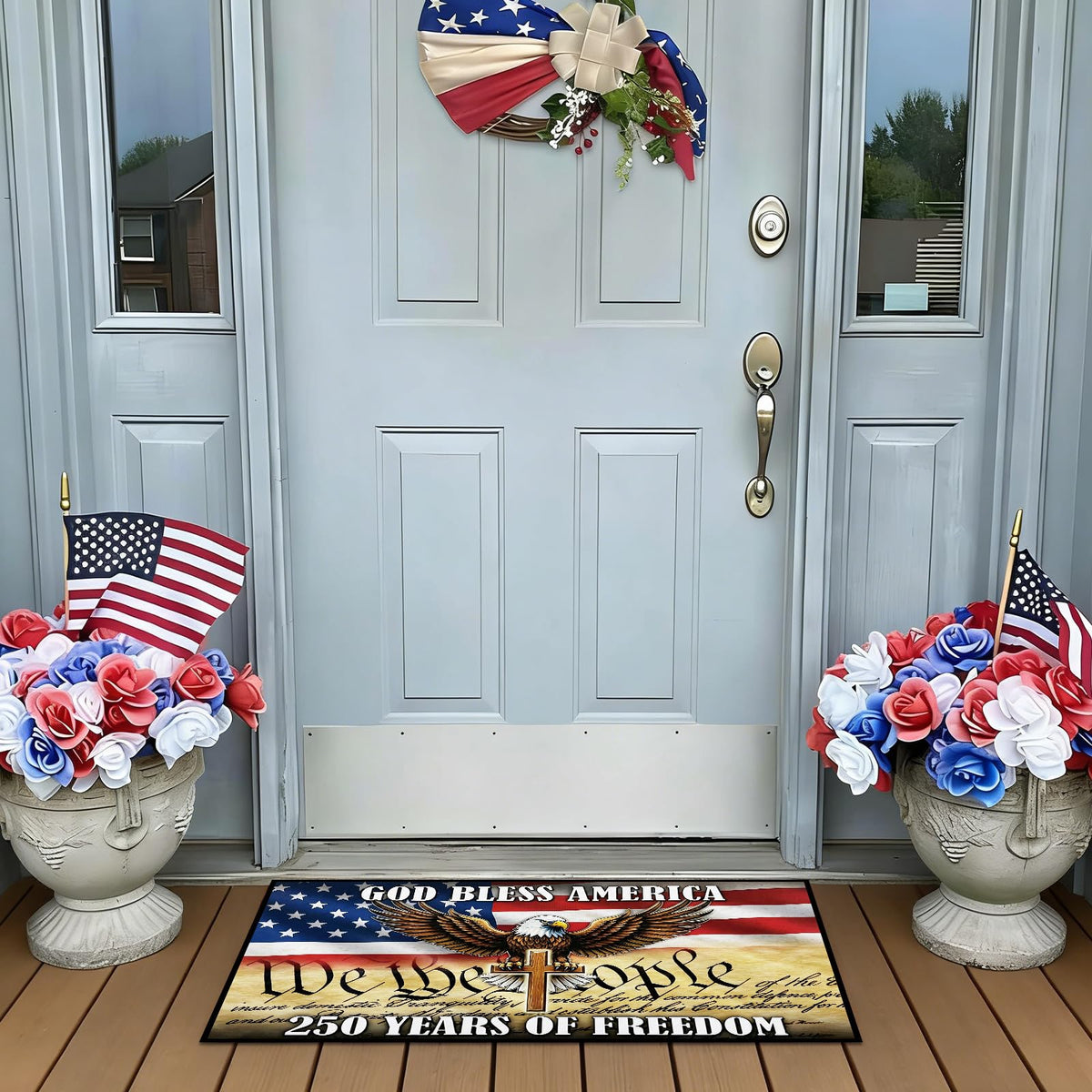VISSTREE patriotic entry rug showcasing red, white, blue hues for curb appeal.