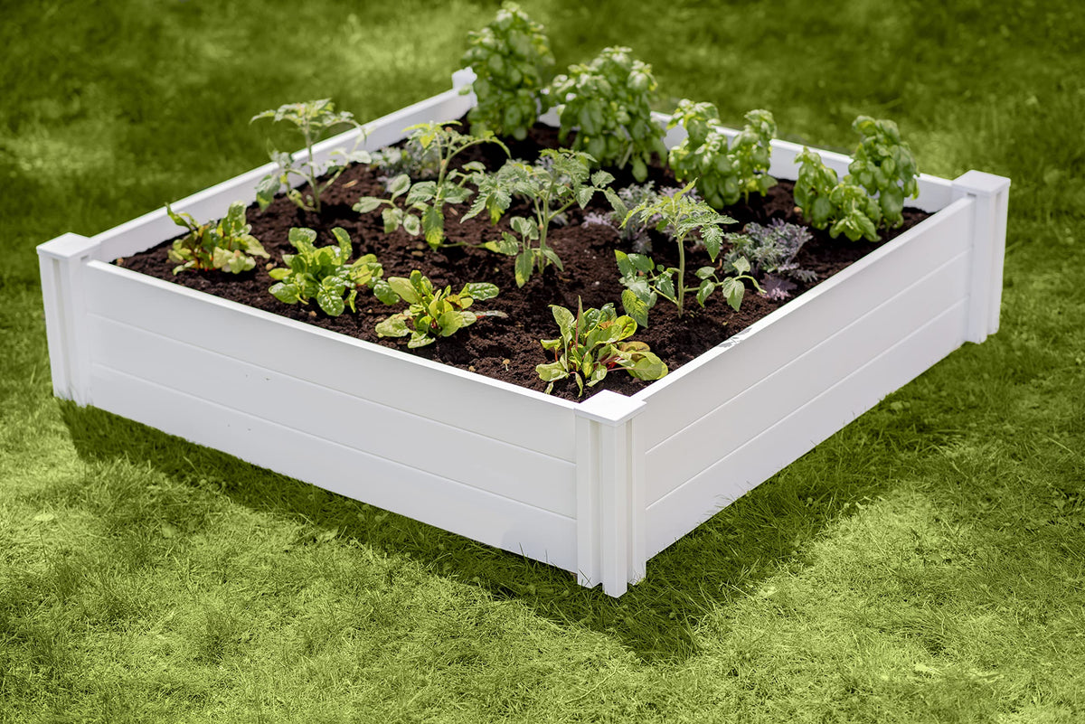Vita Classic white garden bed blends with outdoor aesthetics