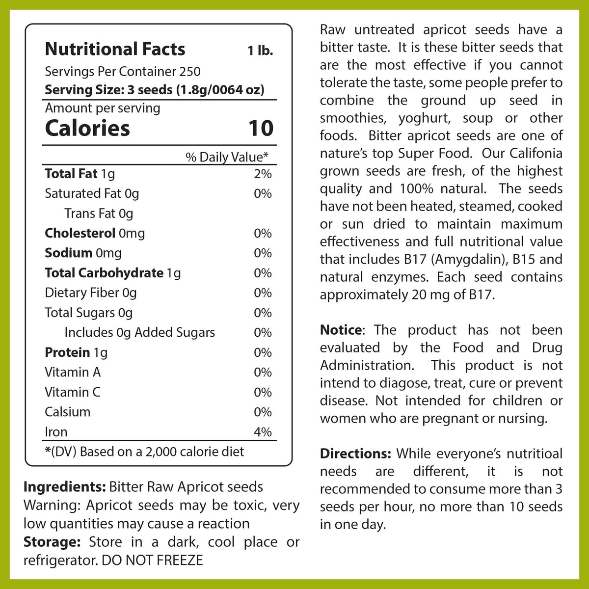 Vitamins Plus Global California-grown apricot seeds highlight origin and quality.