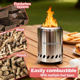 Vivagarden fire pit supports wood pellets and firestarter squares for flexible fueling.