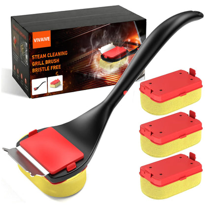 VIVAIVE bristle-free grill brush handle with long reach for safer scrubbing