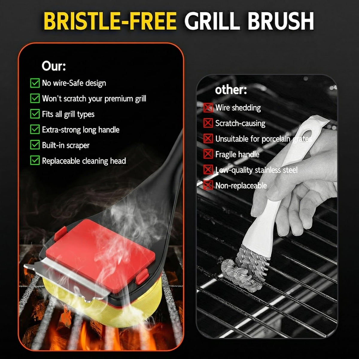 VIVAIVE grill brush works with porcelain, ceramic, cast iron, and stainless steel grates