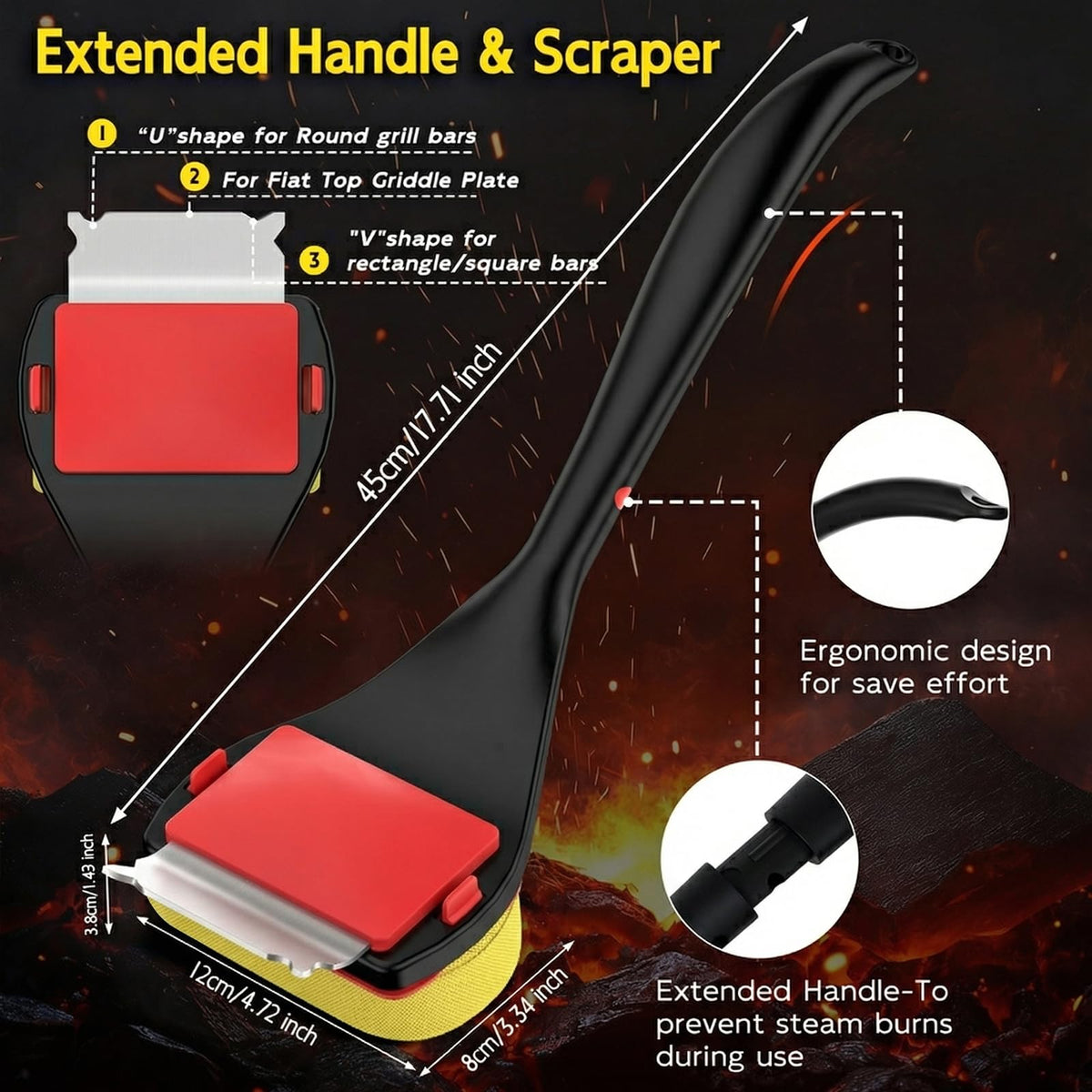 VIVAIVE grill brush scraper removes burnt-on residue from any grate type