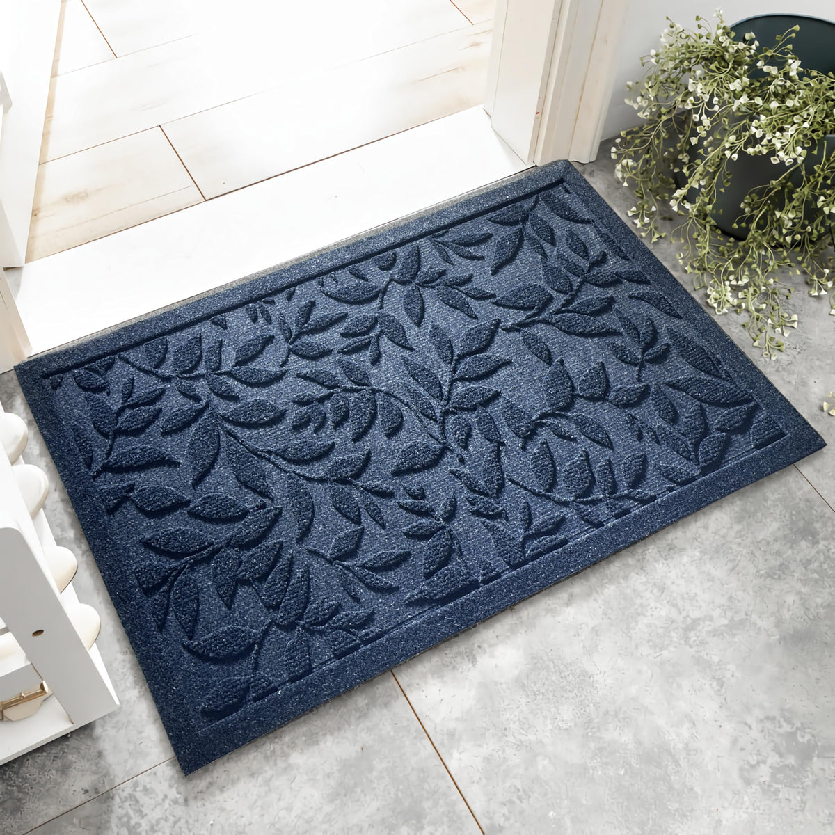 VivaNest blue leaves doormat front door for durable absorbency and clean entry.