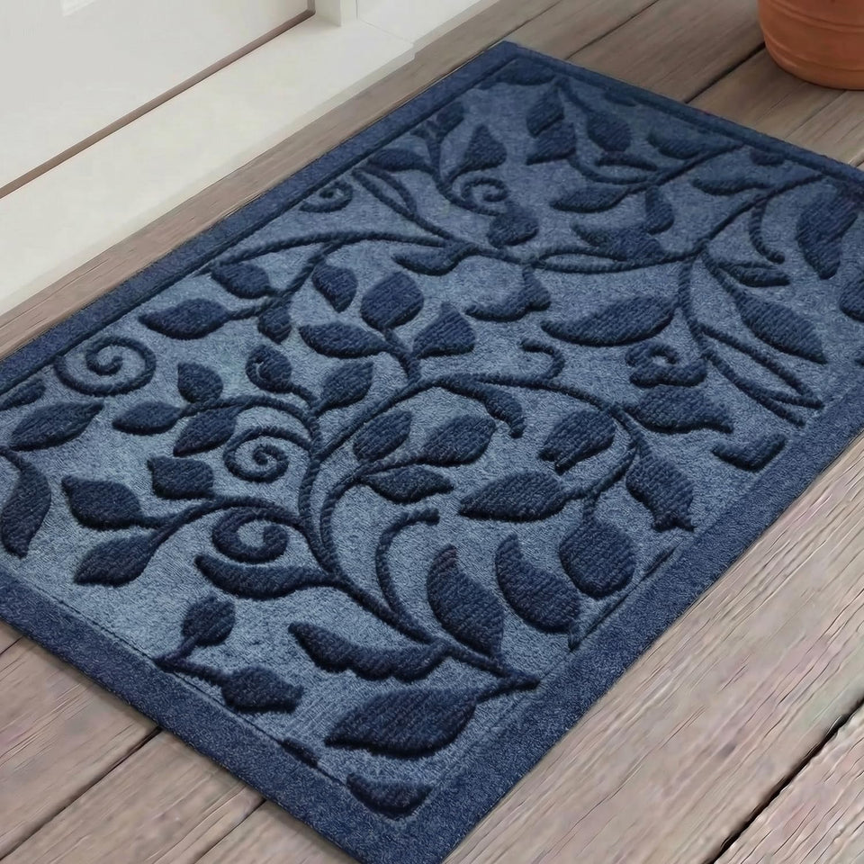 VivaNest blue leaves ivy scroll doormat at the front door, welcoming guests with style