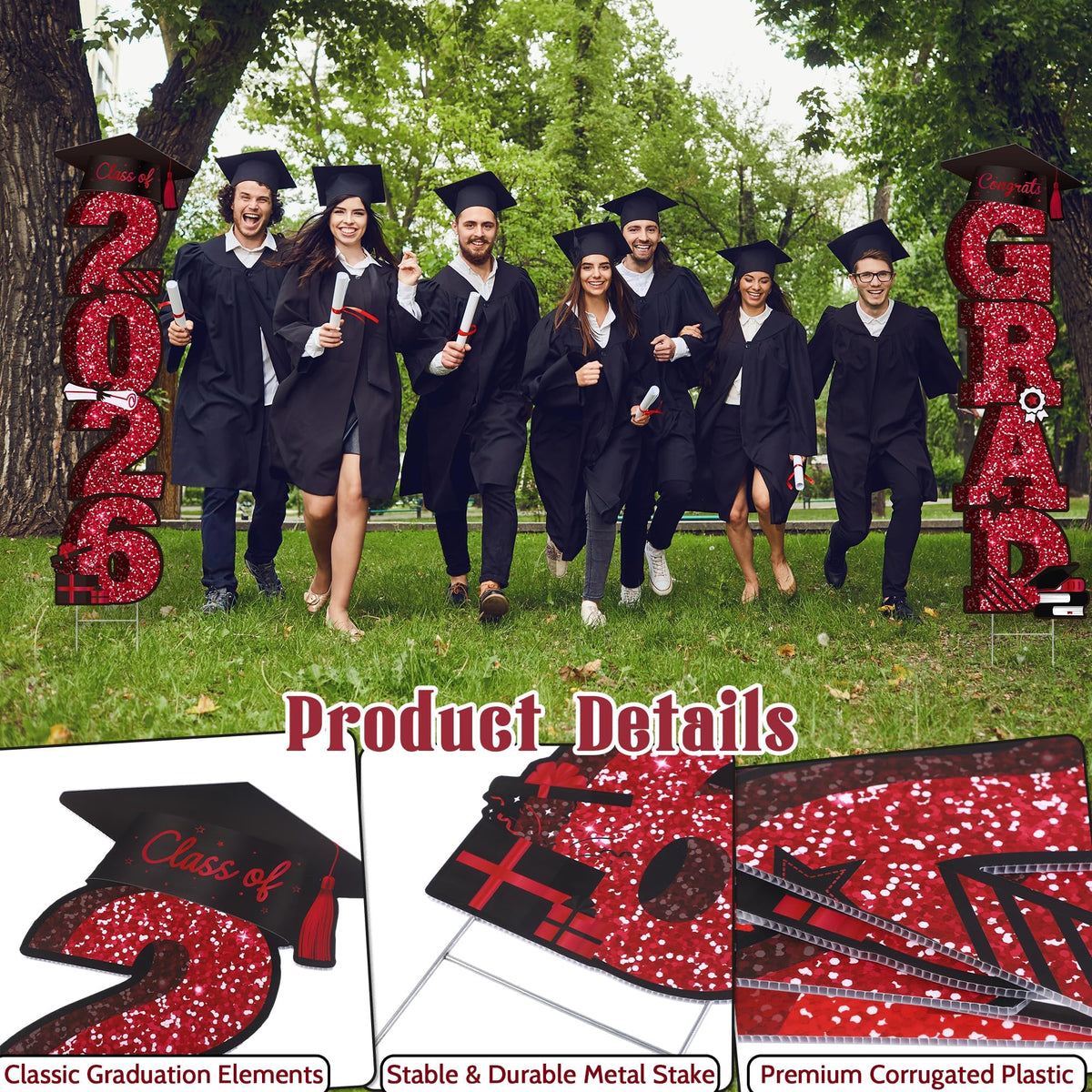 Vivantia close-up of bold 2026 GRAD lettering on maroon sign.