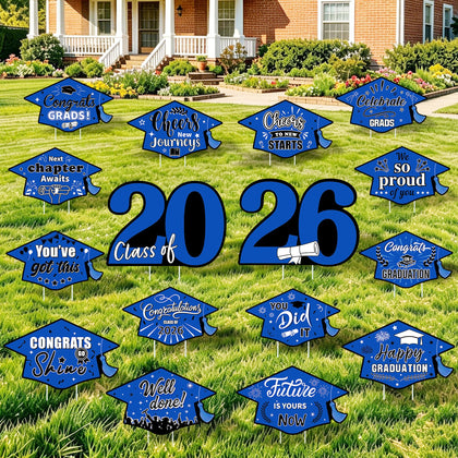 Vivantia graduation yard signs in blue and black boost outdoor celebration visibility.