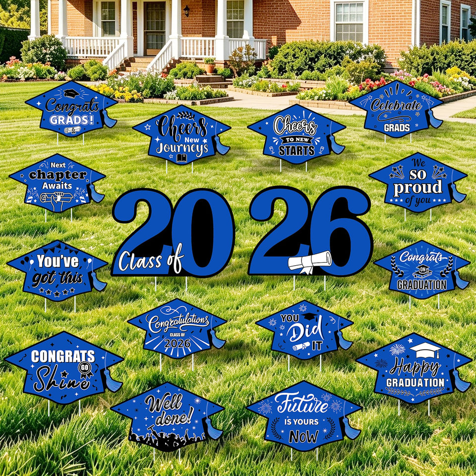 Vivantia graduation yard signs in blue and black boost outdoor celebration visibility.