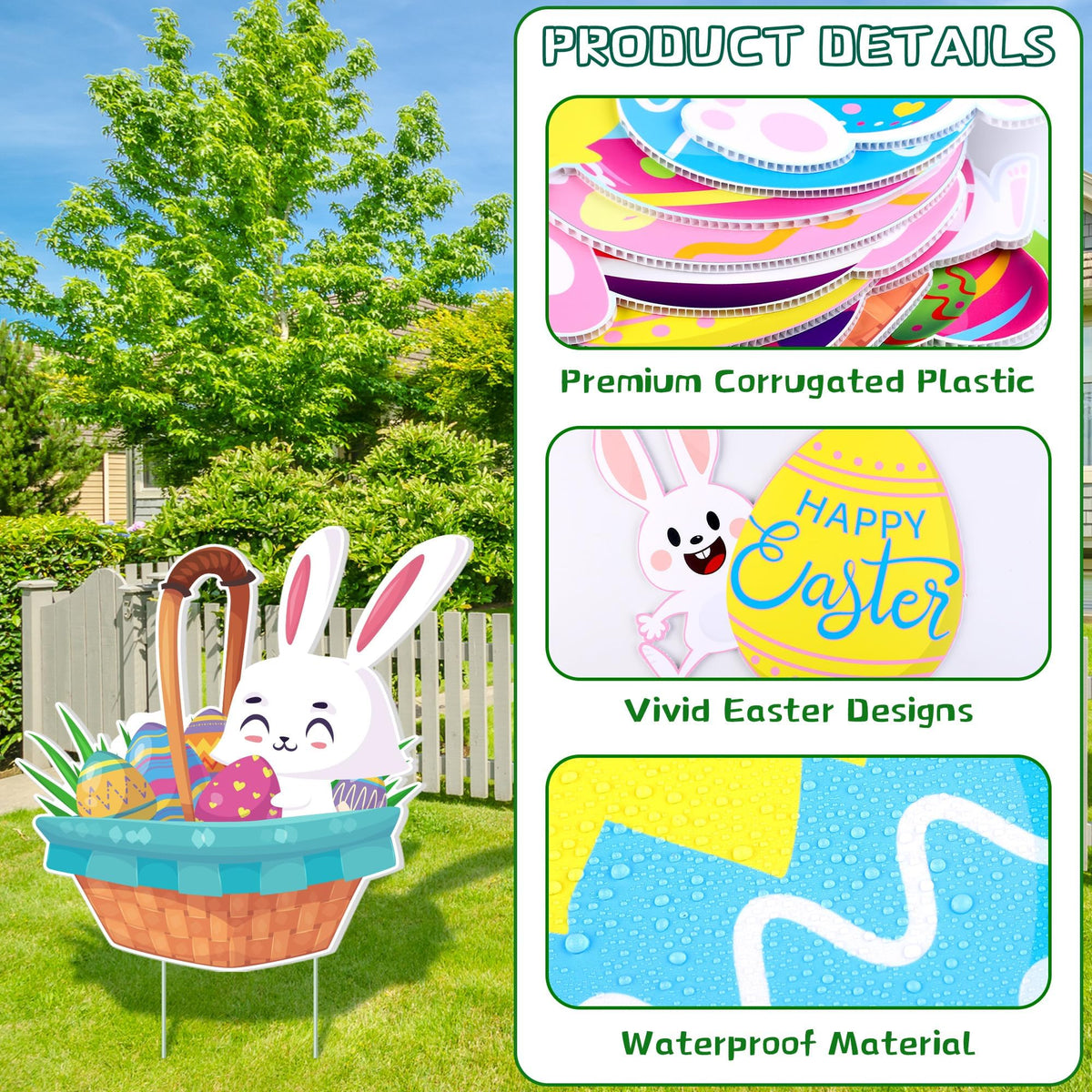 Vivantia waterproof yard signs withstand weather for long-lasting Easter decor.