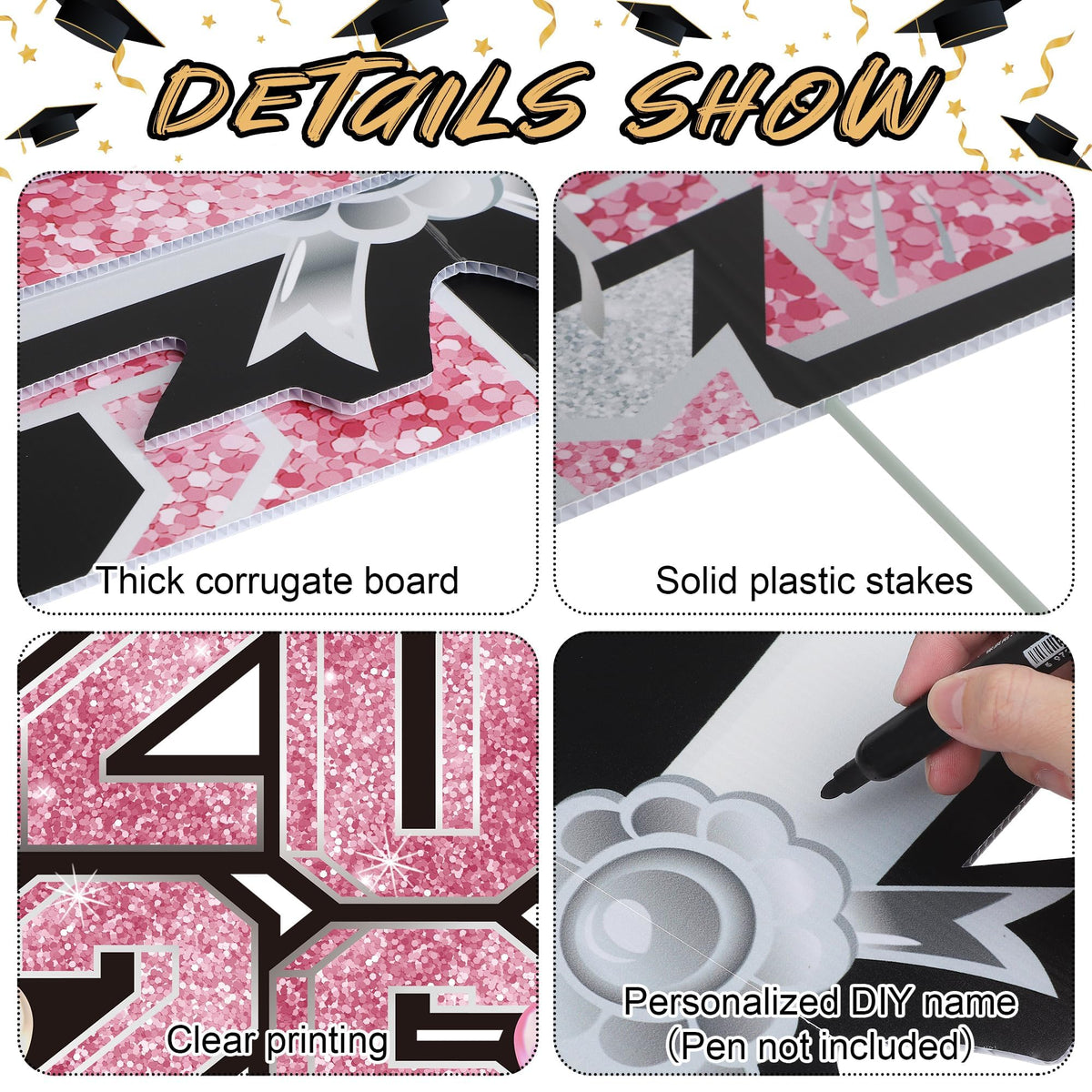 Vivantia pink yard sign color adds festive graduation flair.