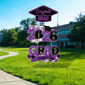 Vivantia outdoor yard sign setup on lawn with purple theme
