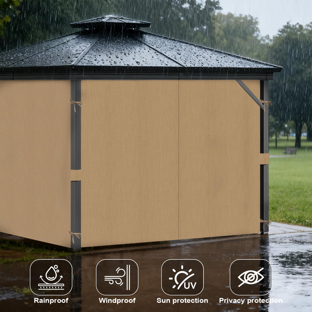 VivaPeak khaki gazebo curtains with waterproof fabric shielding sun and rain