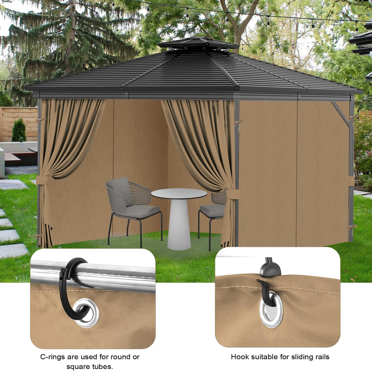 VivaPeak khaki curtains provide wind and rain privacy with airflow