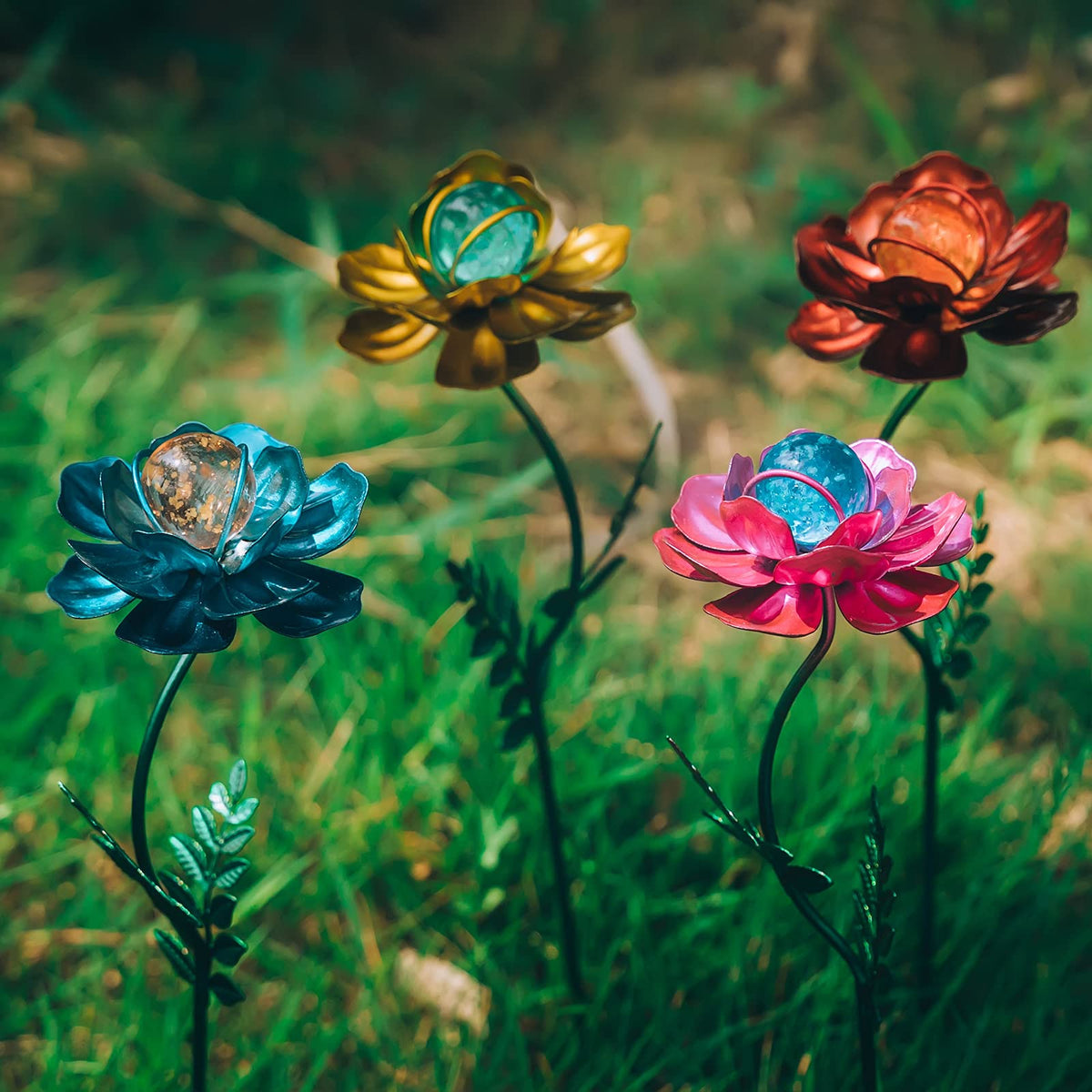 Viveta flower garden stake 4-pack glows at night without batteries for outdoor charm