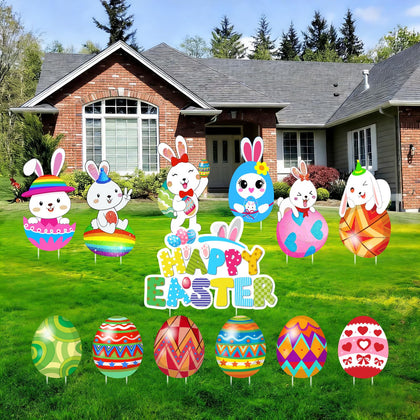 Vividsphere Easter yard signs with bunny stakes for vibrant curb appeal and easy setup.