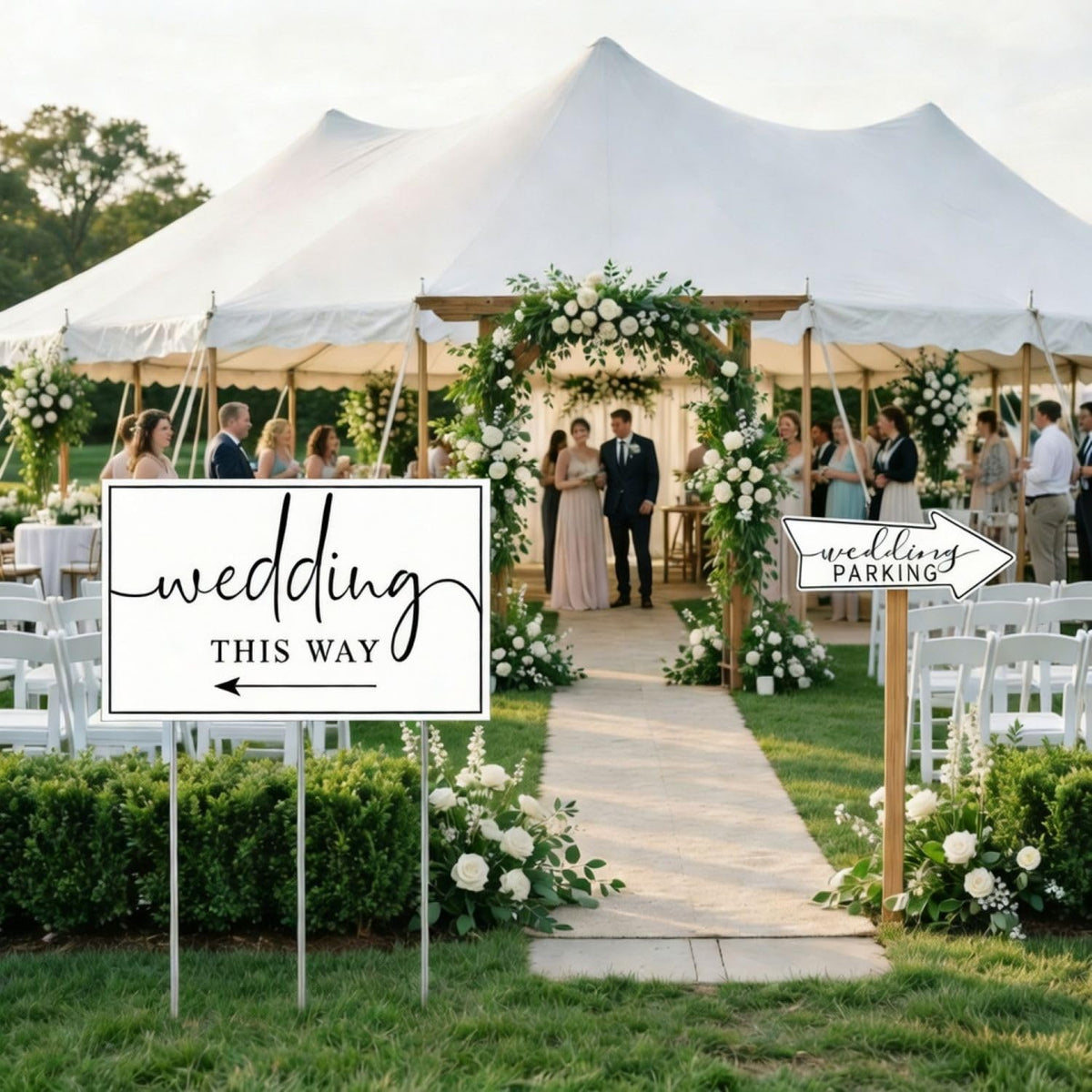 Vividsphere this-way square ceremony sign helps guests reach ceremony areas quickly.