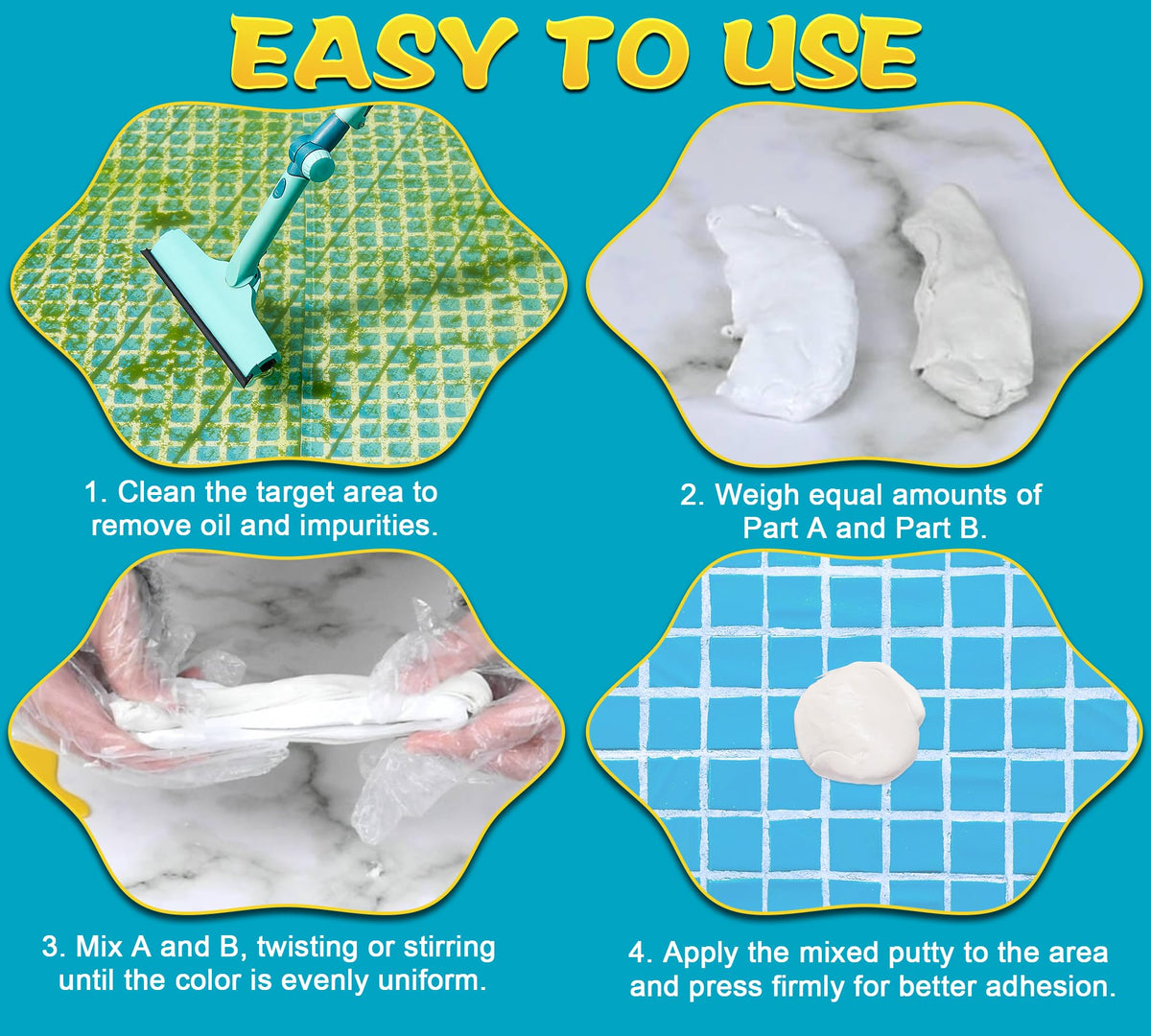 Vividye Pool Putty works on tile, concrete, wood, plastic, and more.